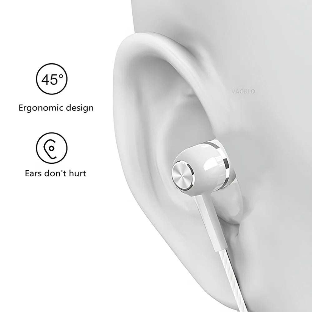 White 3.5mm wired in-ear earphones with metallic control button featuring mic hifi noise cancel surround bass for phone tablet mp3