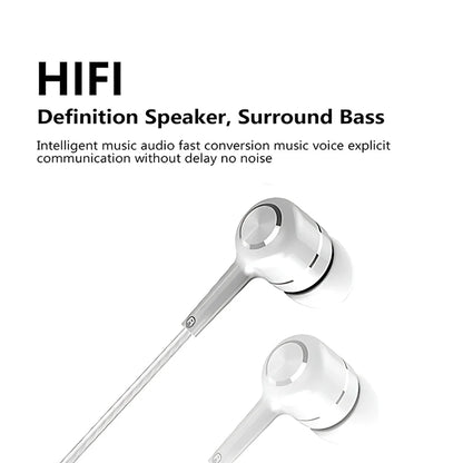 White in-ear headphones with metallic finish featuring mic hifi noise cancel surround bass for phone tablet mp3 use