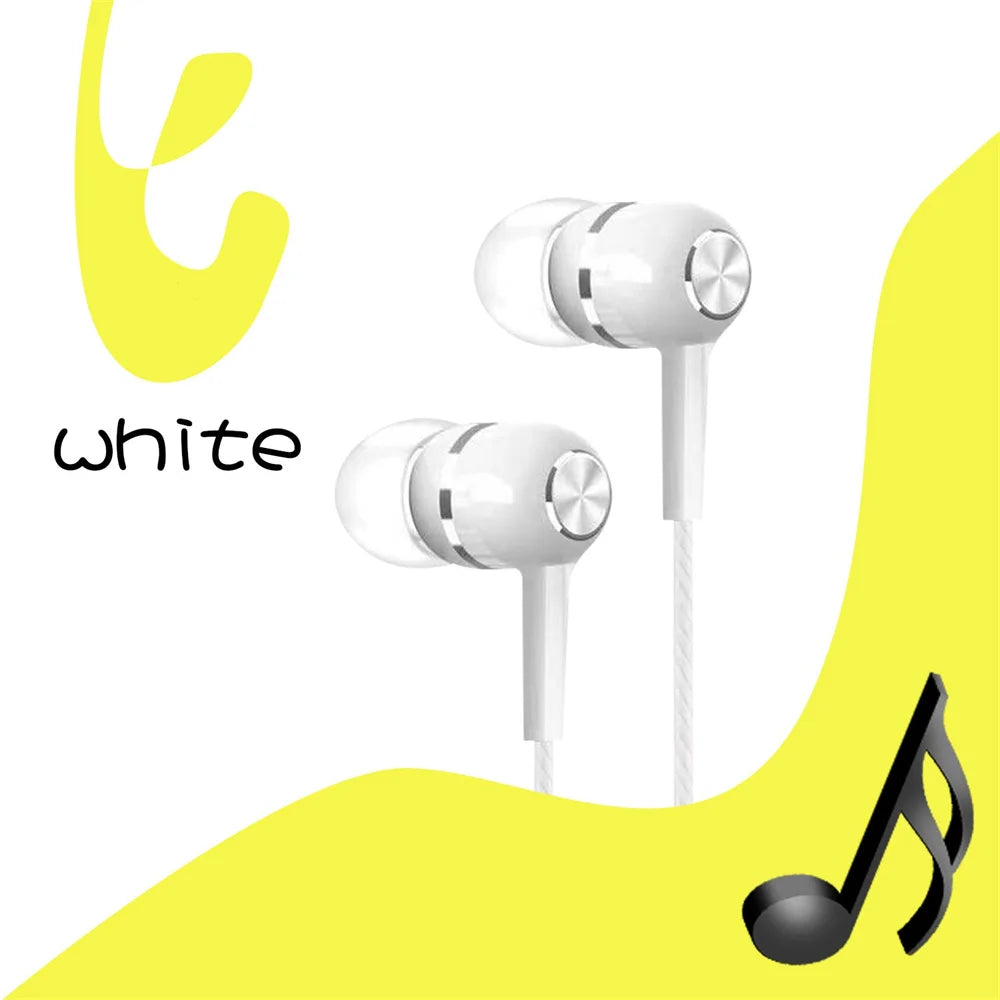 White in-ear headphones with silver rings and braided cable featuring mic hifi noise cancel surround bass for phone tablet mp3