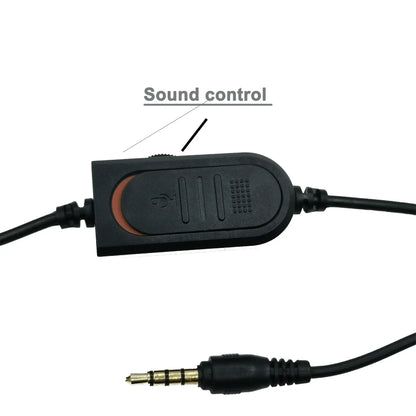 Black plastic wired gaming headphones sound control module with orange accent and microphone volume control for headset noise cancelling