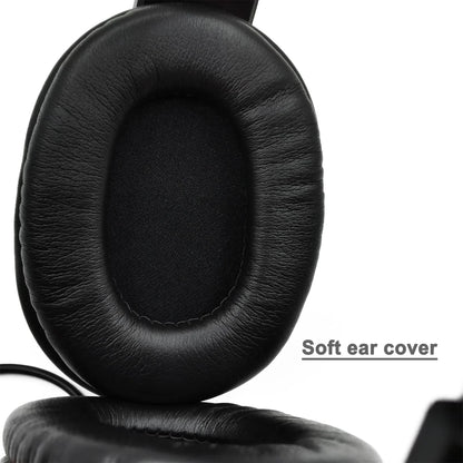 Black leather ear cover with stitched edges for wired gaming headphones with headset noise cancelling and microphone volume control