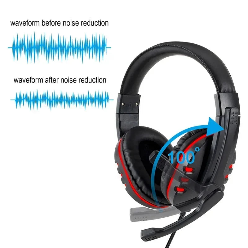 Black and red wired gaming headphones with adjustable earcups, noise cancelling headset, and microphone volume control for PS4