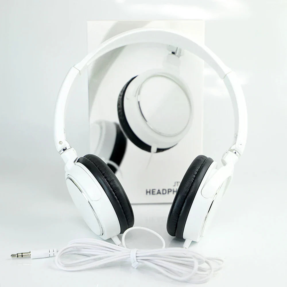 White wired headphones foldable with black padded earcups and adjustable bass for fashion music earphones use