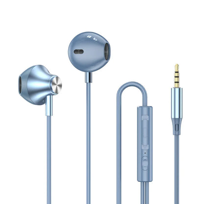 Light blue metallic wired headphones hifi with sleek rounded design and wire control for phone and notebook use