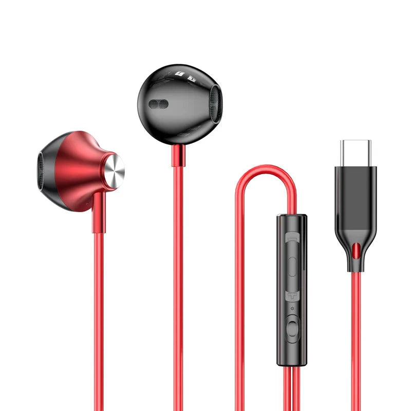 Red and black wired headphones hifi with silver accents, inline control, dac digital usb-c connector for phone and notebook