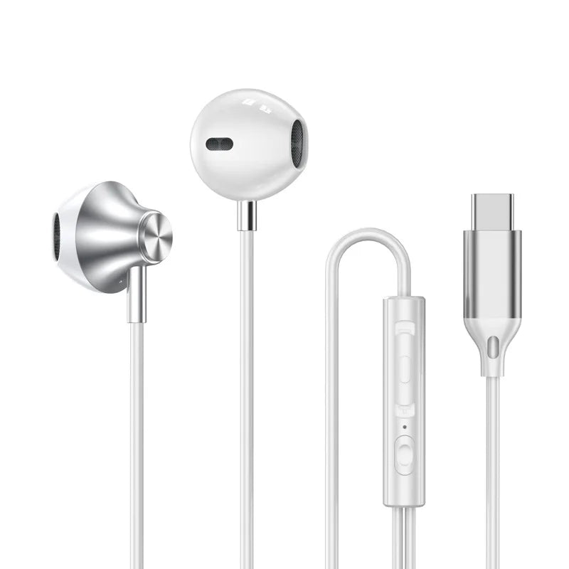 White and silver wired headphones hifi 3d surround sound in-ear headset with usb-c connector and wire control for phone and notebook