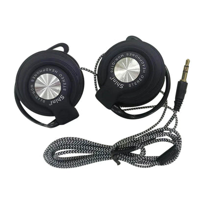 Black wired headphones hifi with silver accents and braided cable featuring adjustable ear hook earphones music headset