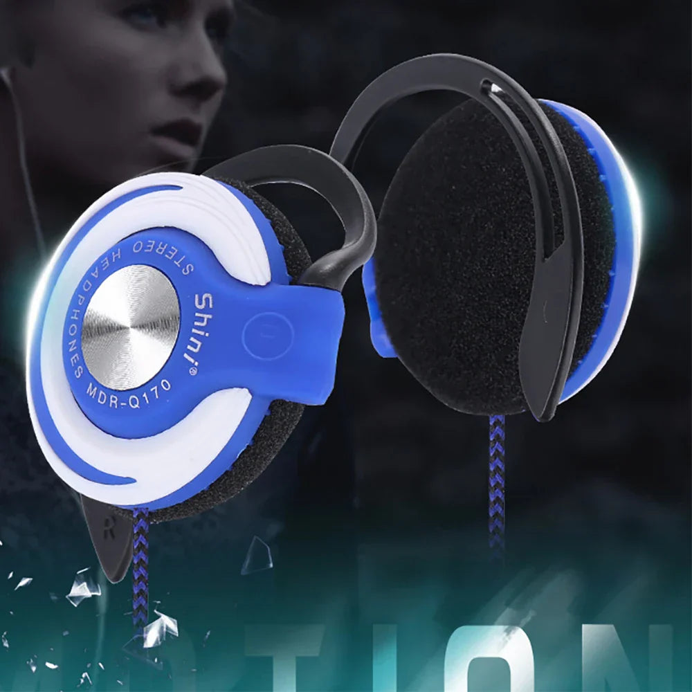 Blue and white wired headphones hifi with black foam earcups and adjustable ear hook for earphones music headset use