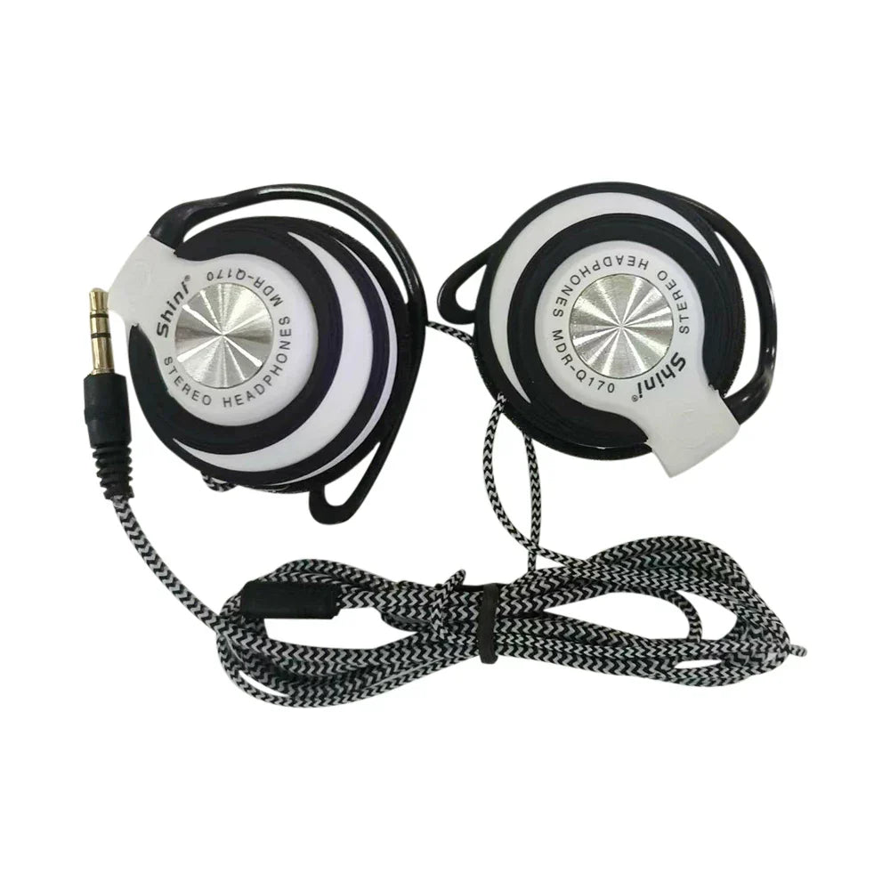 Black and white wired headphones hifi with silver metallic center adjustable ear hook earphones music headset for mp3 phone