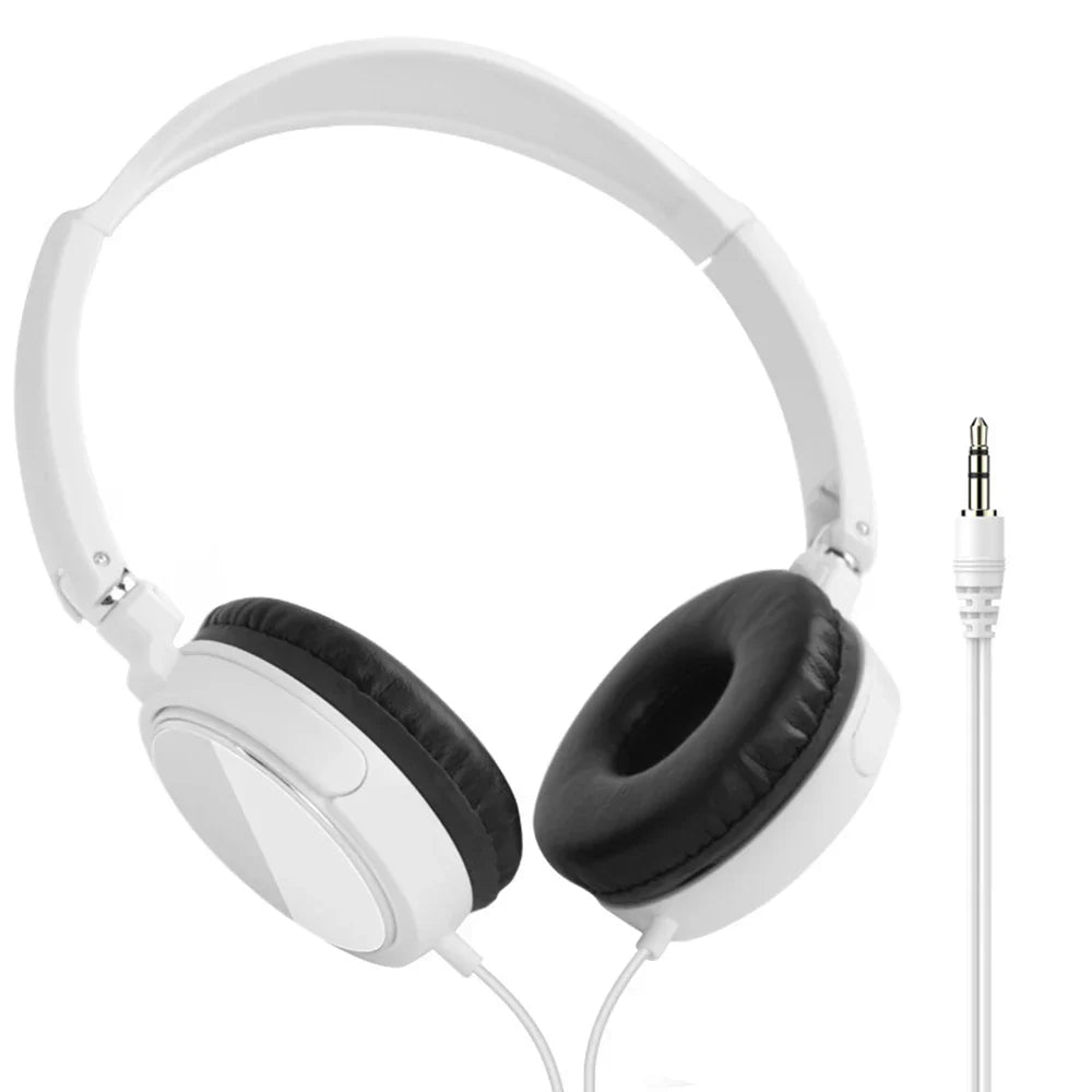 White over-ear 3.5mm wired headset noise canceling with black padded earcups and foldable design for gaming stereo use