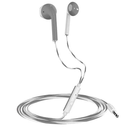 White and gray 3.5mm wired headphones with coiled cable and inline control module bass earbuds stereo for sport gaming
