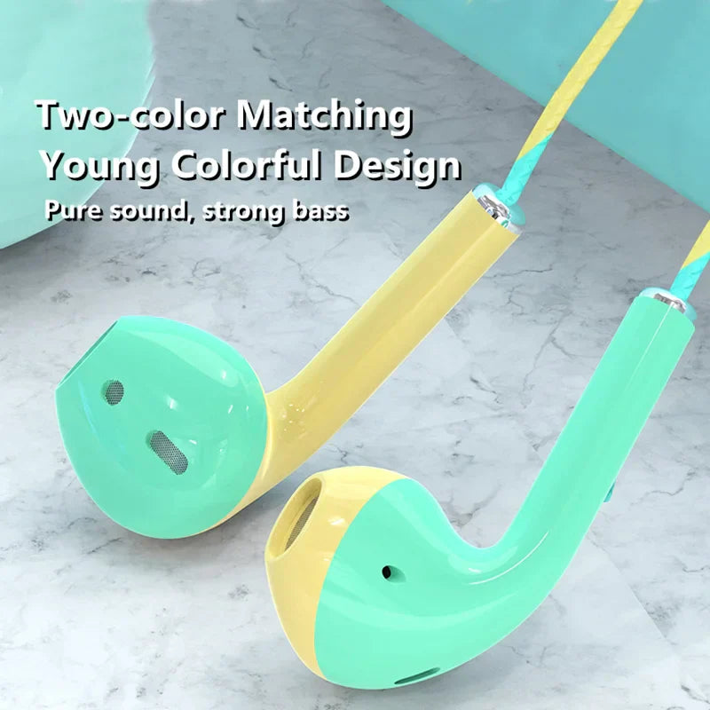 Vibrant mint green and yellow two-tone 3.5mm wired bass earbuds stereo with smiley face for sport gaming headset use