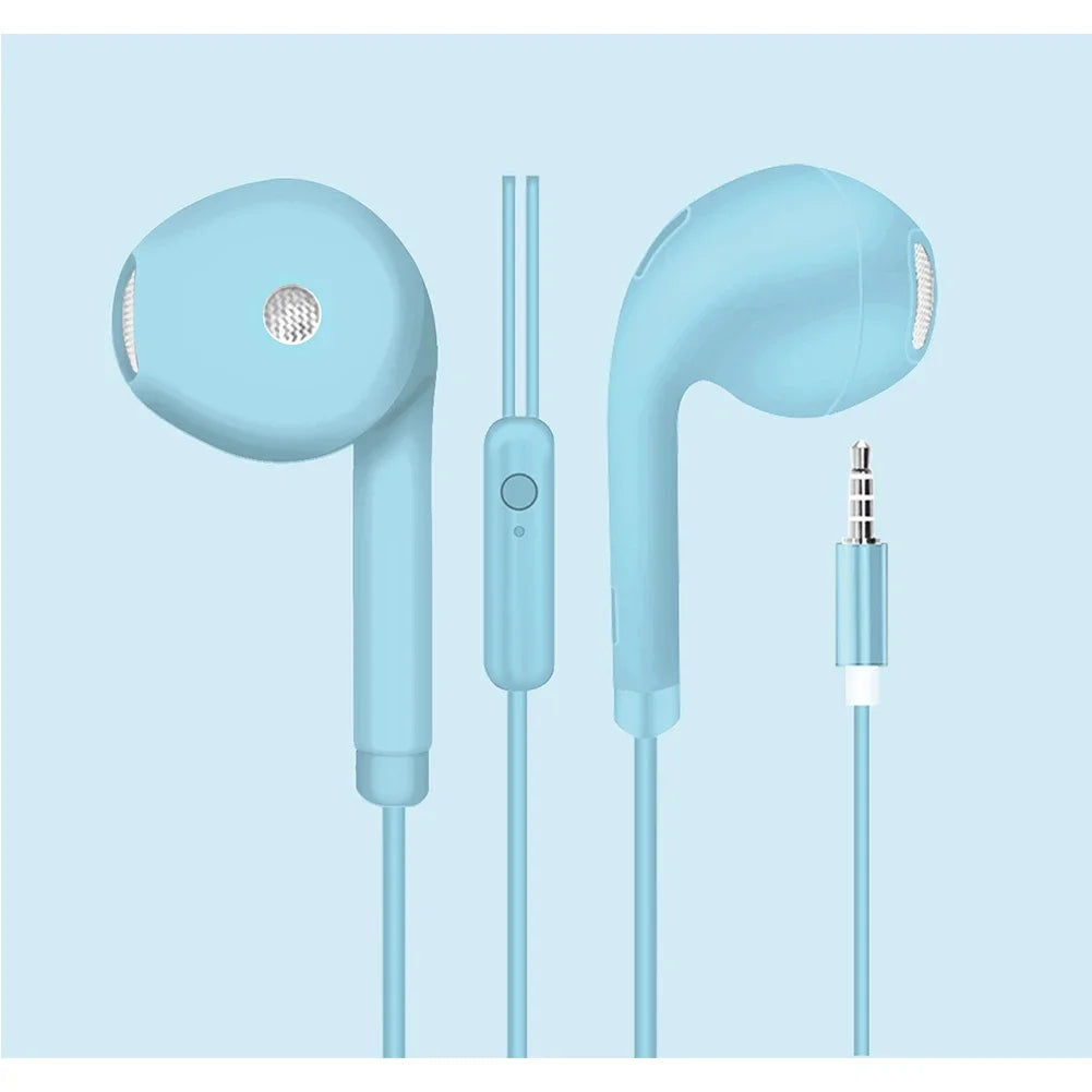 Light blue wired headset macaron with matte finish and inline control button microphone earphones universal for smartphone