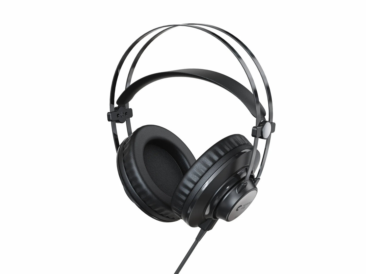 Black over-ear wired professional monitoring headphones with metallic headband accents for ear monitor music use
