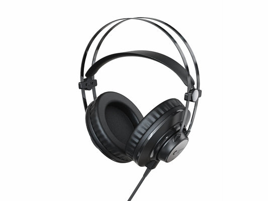 Black over-ear wired professional monitoring headphones with metallic headband accents for ear monitor music use