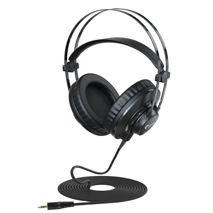 Black wired professional monitoring headphones with padded over ear cups and a coiled 3.5mm audio cable for music