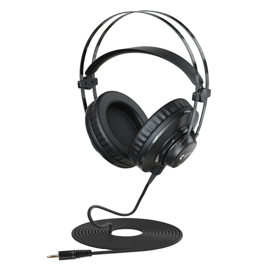 Black wired professional monitoring headphones with padded over ear cups and a coiled 3.5mm audio cable for music