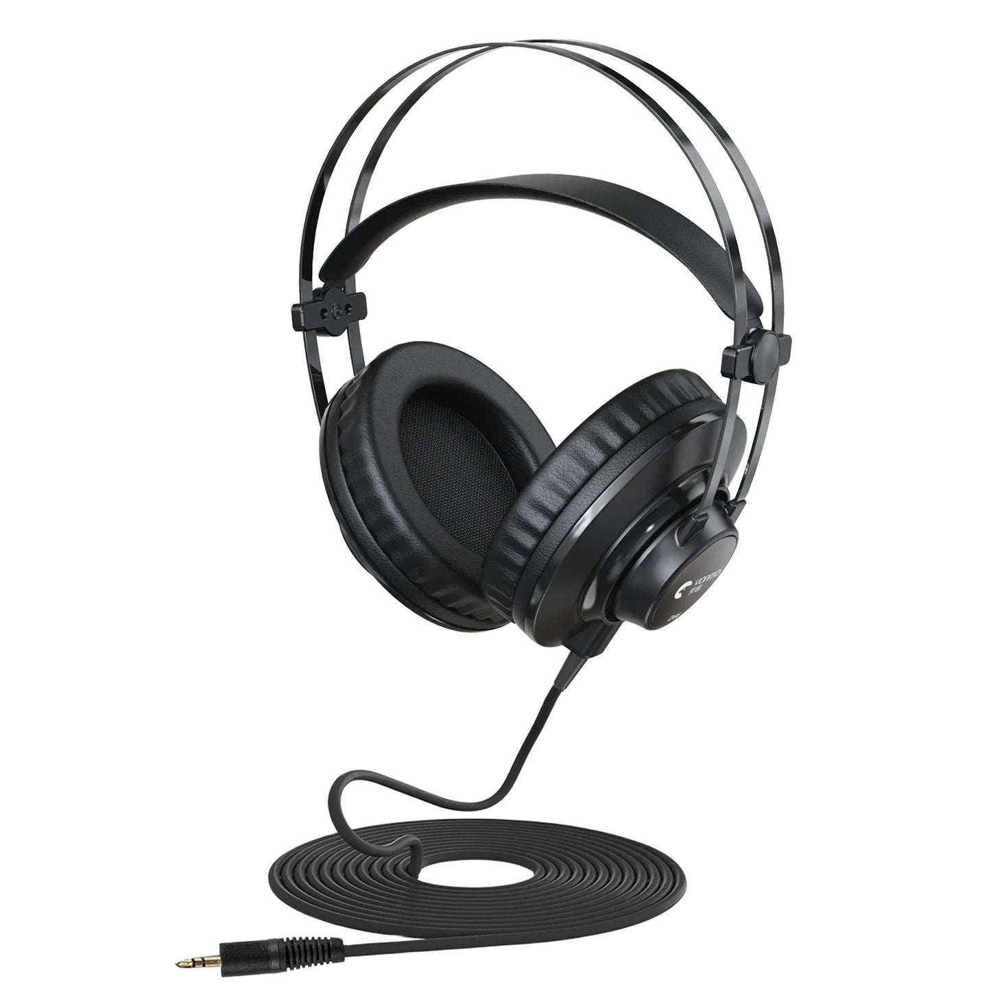 Black wired professional monitoring headphones with padded earcups and coiled 3.5mm audio cable for ear monitor music