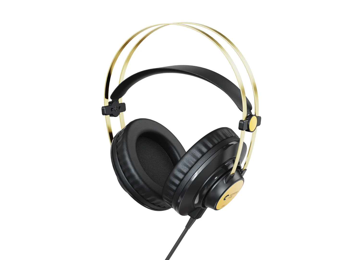 Black over-ear wired professional monitoring headphones with gold metal headband and padded cushions for ear monitor music use