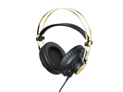 Black wired professional monitoring headphones with gold metal headband and padded cushions for ear monitor music use