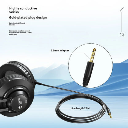 Black wired professional monitoring over ear headphones with 22 meter cable gold plated 35mm plugs and universal adapter