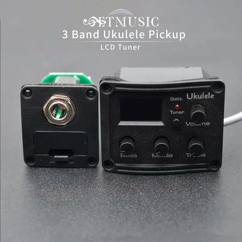 Black 3 band electronic ukulele pickup with lcd tuner featuring bass middle treble and volume controls for guitar eq equalize