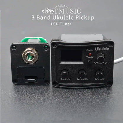 Black 3 band electronic ukulele pickup with lcd tuner featuring bass middle treble and volume controls for guitar eq equalize
