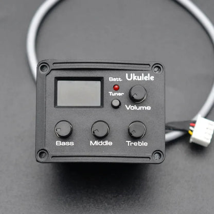 Black 3 band electronic ukulele pickup with digital display, rotary bass middle treble knobs, and volume control for guitar eq equalize