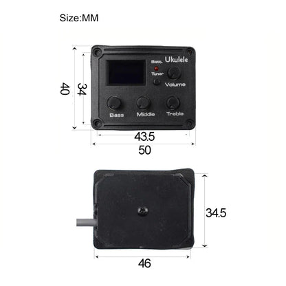 Black rectangular 3 band electronic ukulele pickup with bass middle treble knobs tuner and lcd screen for guitar eq equalize