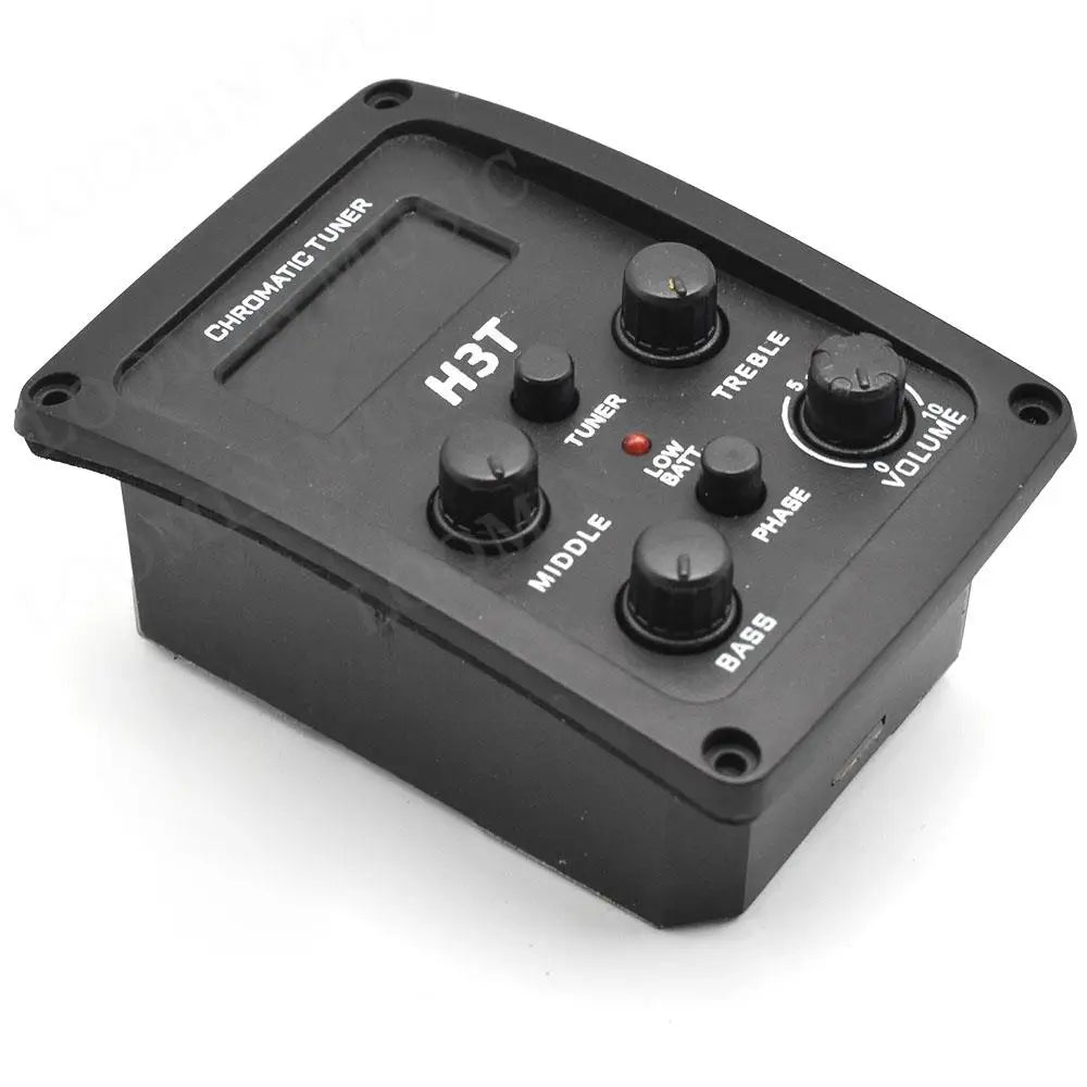Black h3t chromatic 3 bands guitar pickup preamp with tuner and multiple controls for bass treble and volume adjustment