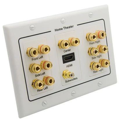 White 3 gang surround sound speaker wall plate with gold-colored hdmi rca audio connectors for home theater use