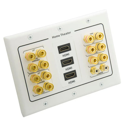 White 3 gang home theater speaker wall plate with three hdmi rca audio ports and gold surround sound speaker jacks