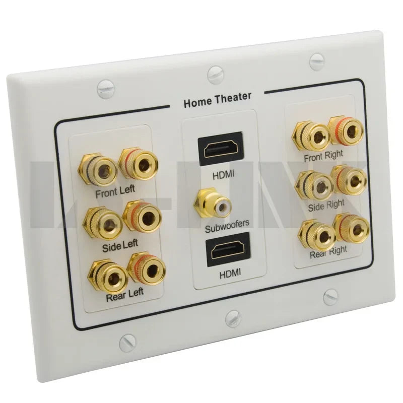 White 3 gang surround sound speaker wall plate with gold-colored hdmi rca audio connectors for home theater use