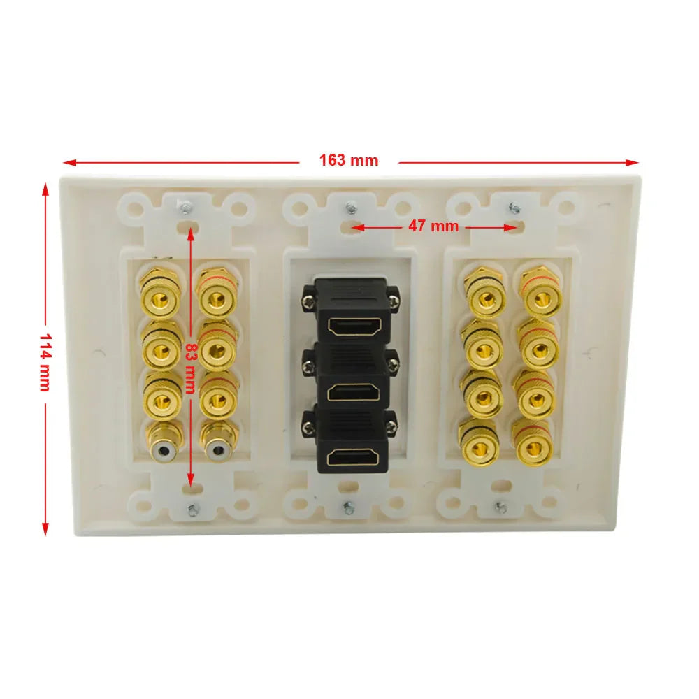 White 3 gang surround sound speaker wall plate with gold rca jacks and black hdmi rca audio ports