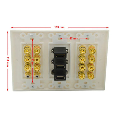 White 3 gang surround sound speaker wall plate with gold rca jacks and black hdmi rca audio ports