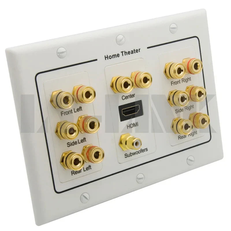 White wall-mounted 3 gang surround sound speaker wall plate with gold-colored rca jacks and hdmi rca audio ports