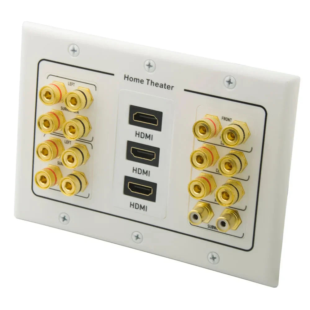White wall-mounted 3 gang home theater surround sound speaker wall plate with gold hdmi rca audio connectors