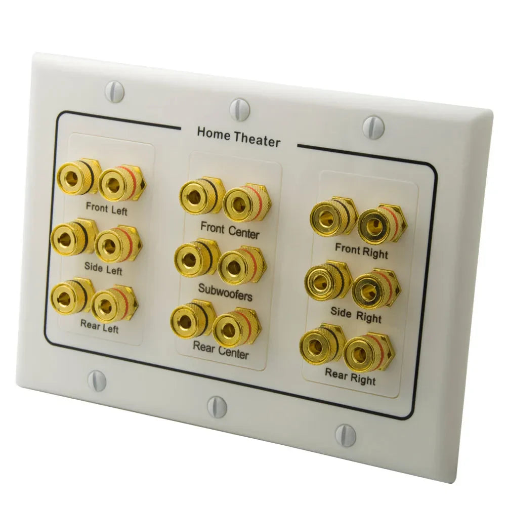 White surround sound speaker wall plate with gold rca connectors for front center side and rear audio channels back view