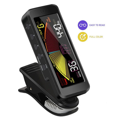 Black clip-on 3 in 1 rechargeable digital metronome violin tuner tone generator with full-color display showing pitch and note
