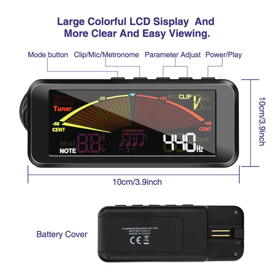 Black rectangular rechargeable digital metronome tuner with colorful lcd screen for violin tuner metronome use