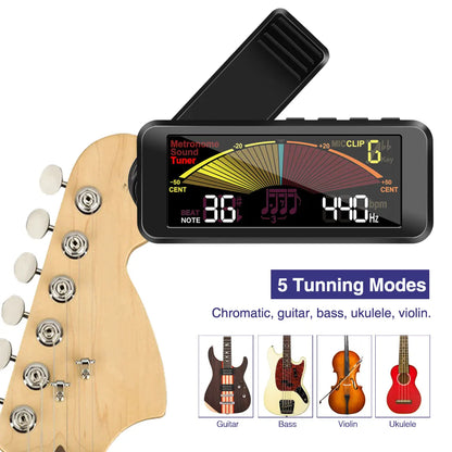 Black rechargeable digital metronome tuner tone generator with clip-on design and colorful display for guitar bass violin