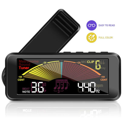 Black clip-on rechargeable digital metronome tone generator and violin tuner metronome with full-color display