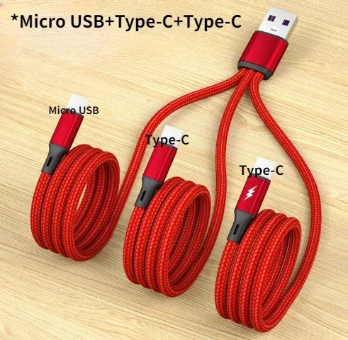 Red braided 3 in 1 usb charge cable with micro usb spliter and fast charging for phone power bank 1.2m cord