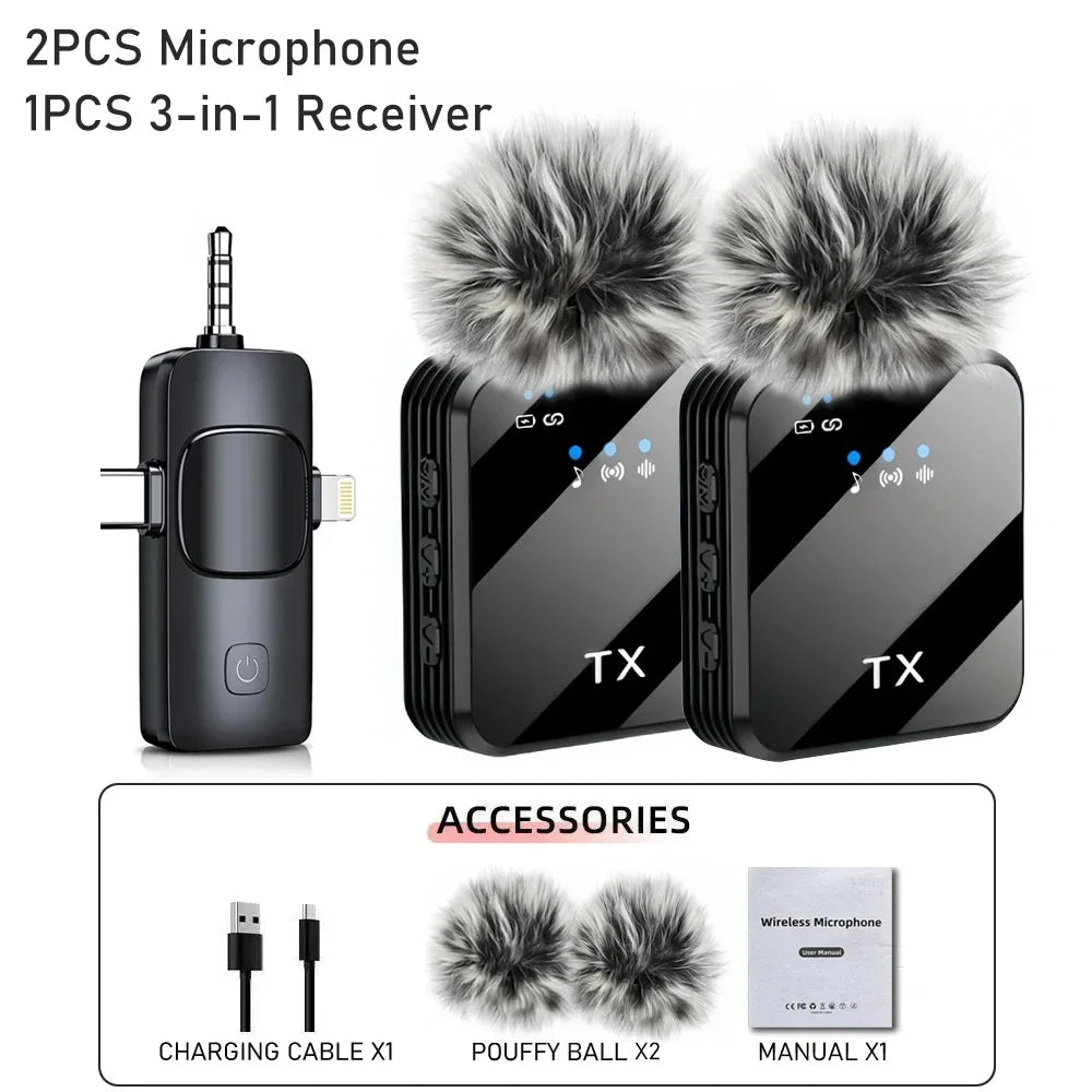 Black wireless lavalier microphone transmitter units with fuzzy gray pom-poms for ios android wireless recording noise reduction