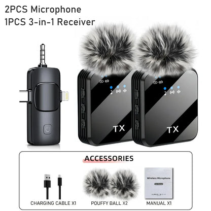 Black wireless lavalier microphone transmitter units with fuzzy gray pom-poms for ios android wireless recording noise reduction