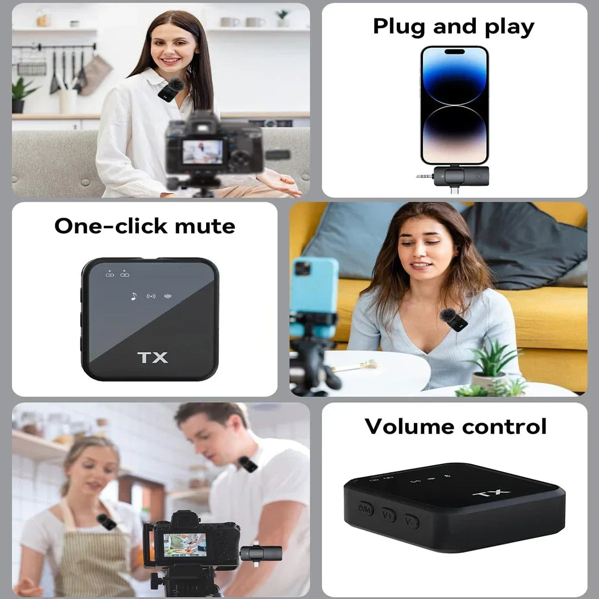 Black rectangular wireless lavalier microphone transmitter with tx logo one-click mute volume ios android wireless recording noise reduction