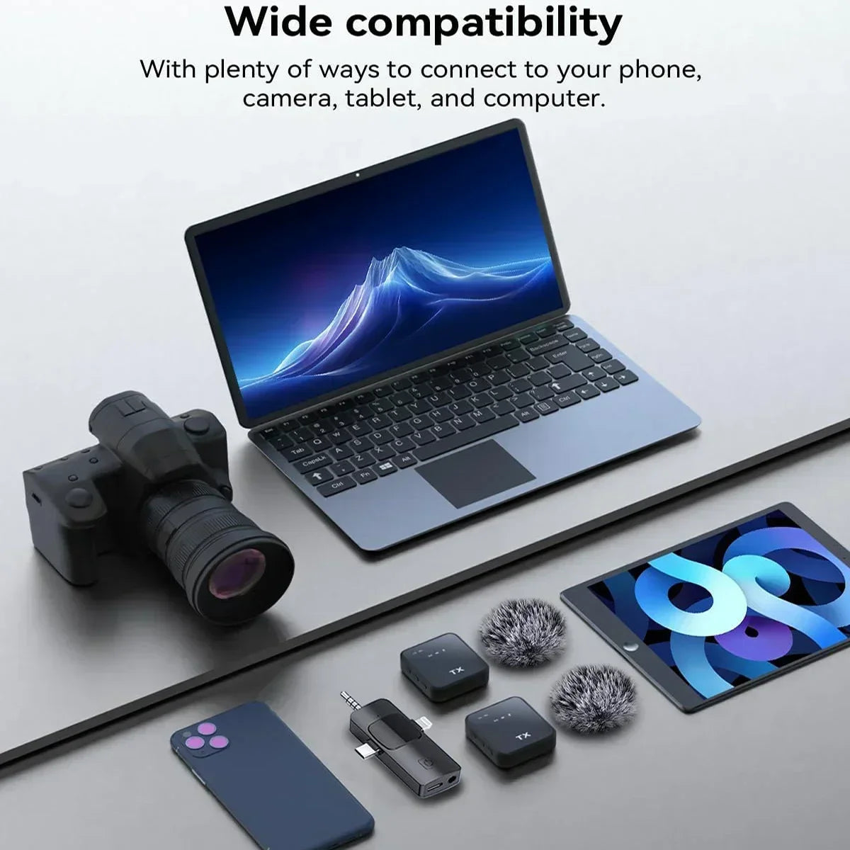 Black wireless lavalier microphone transmitter with usb-c port and audio jack adapter for ios android wireless recording noise reduction