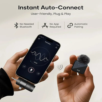 Black wireless lavalier microphone with fuzzy windscreen for ios android wireless recording noise reduction and live streaming