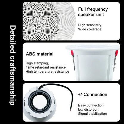 White abs material recessed 3-inch mini waterproof ceiling speaker with perforated grille and red terminals for kitchen audio player hole size 75-80mm