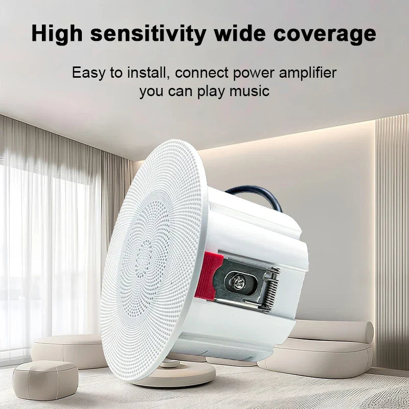 White circular 3-inch mini waterproof ceiling speaker with perforated grille and red accents for kitchen audio player hole size 75-80mm
